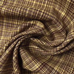 Tweed w bordowo żółtą kratę - materiał wełniany na marynarkę zimową