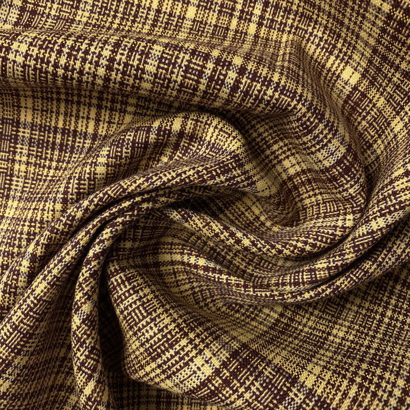 Tweed w bordowo żółtą kratę - materiał wełniany na marynarkę zimową Tweed w bordowo żółtą kratę - materiał wełniany na marynarkę zimową